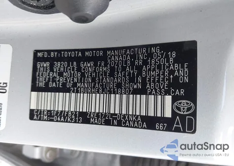 2018 Toyota Corolla Le from USA, damaged, VIN 2T1BURHE8JC118807